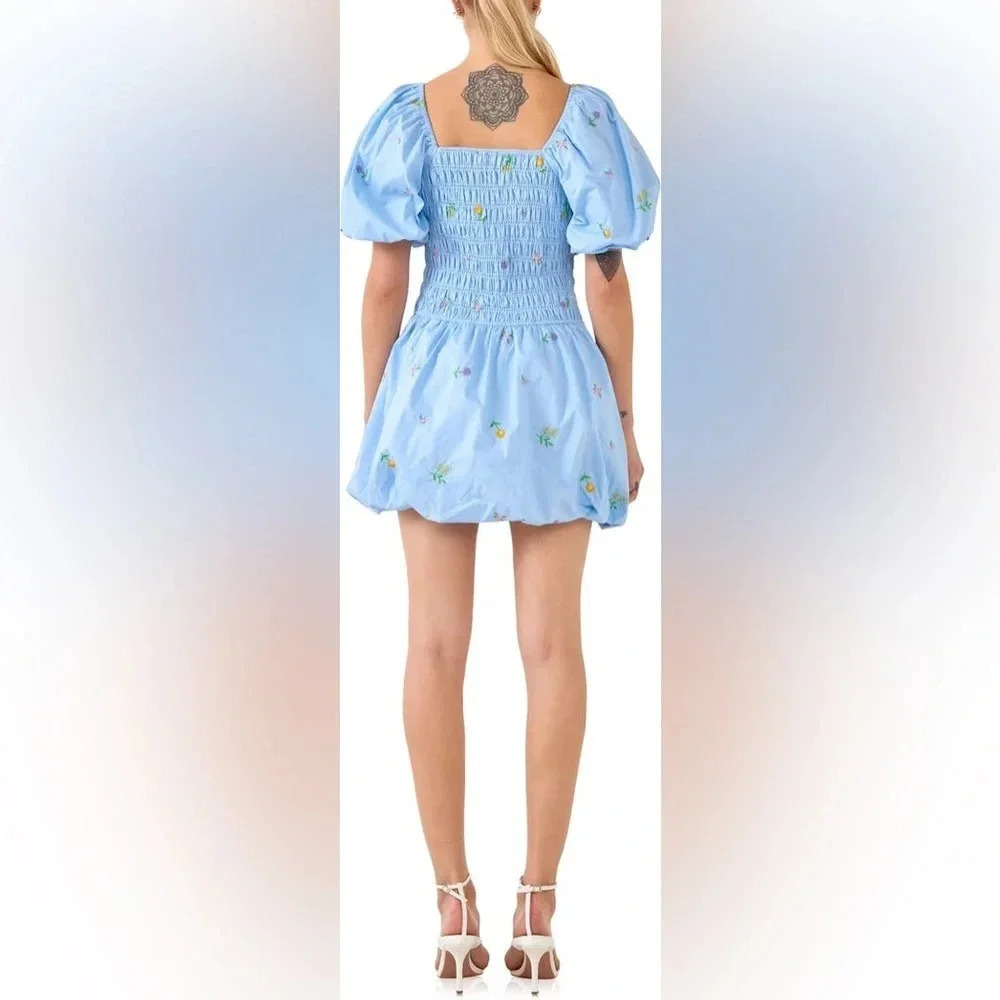 English Factory Floral Embroidery Cotton Puff Sleeve Mini Dress - Picture 4 of 9
